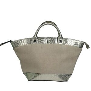 London Fog Gold Metallic Linen Snakeskin Tote Large Bag Purse Preppy Chic Summer